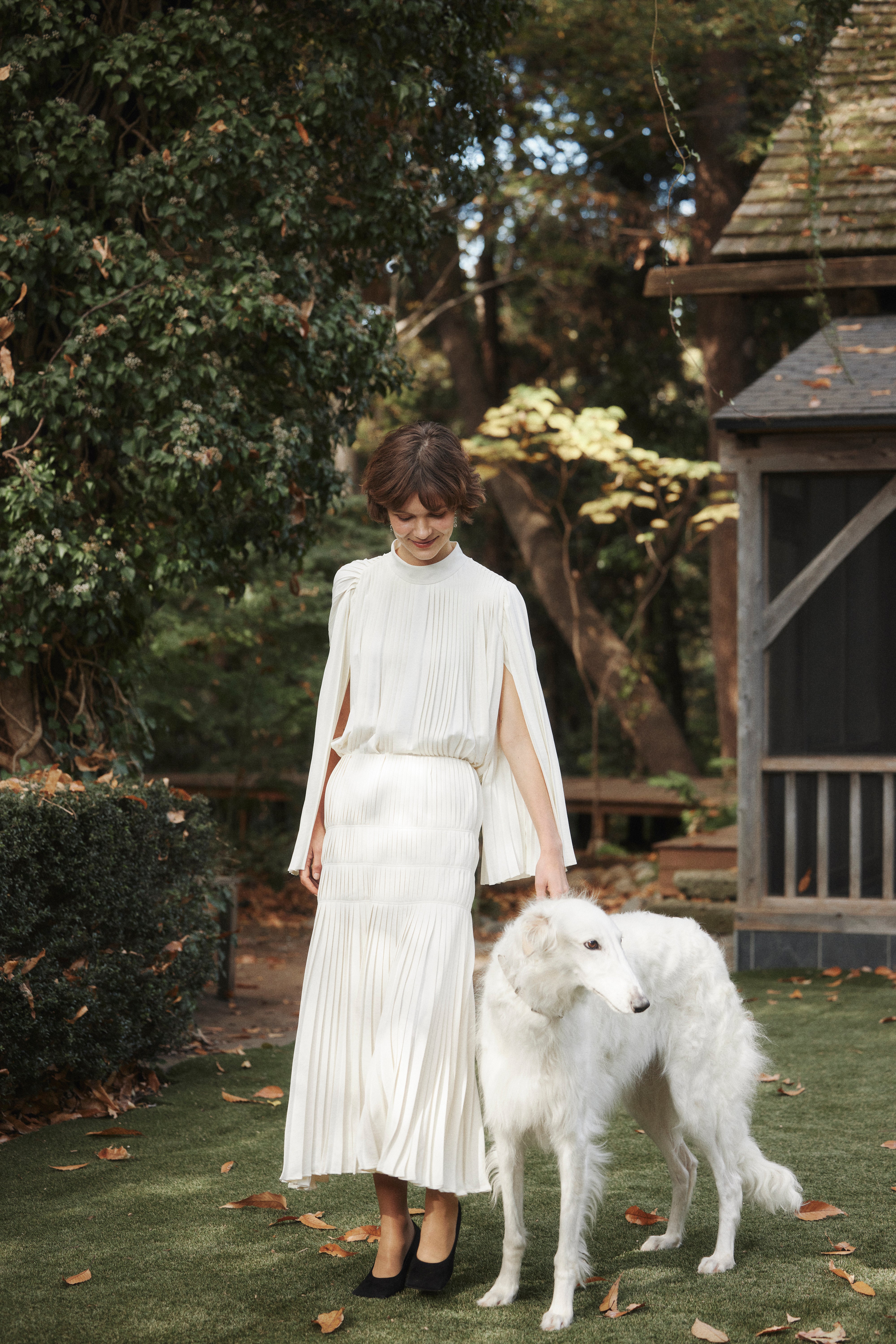 Powder Satin Pleats Cape Blouse