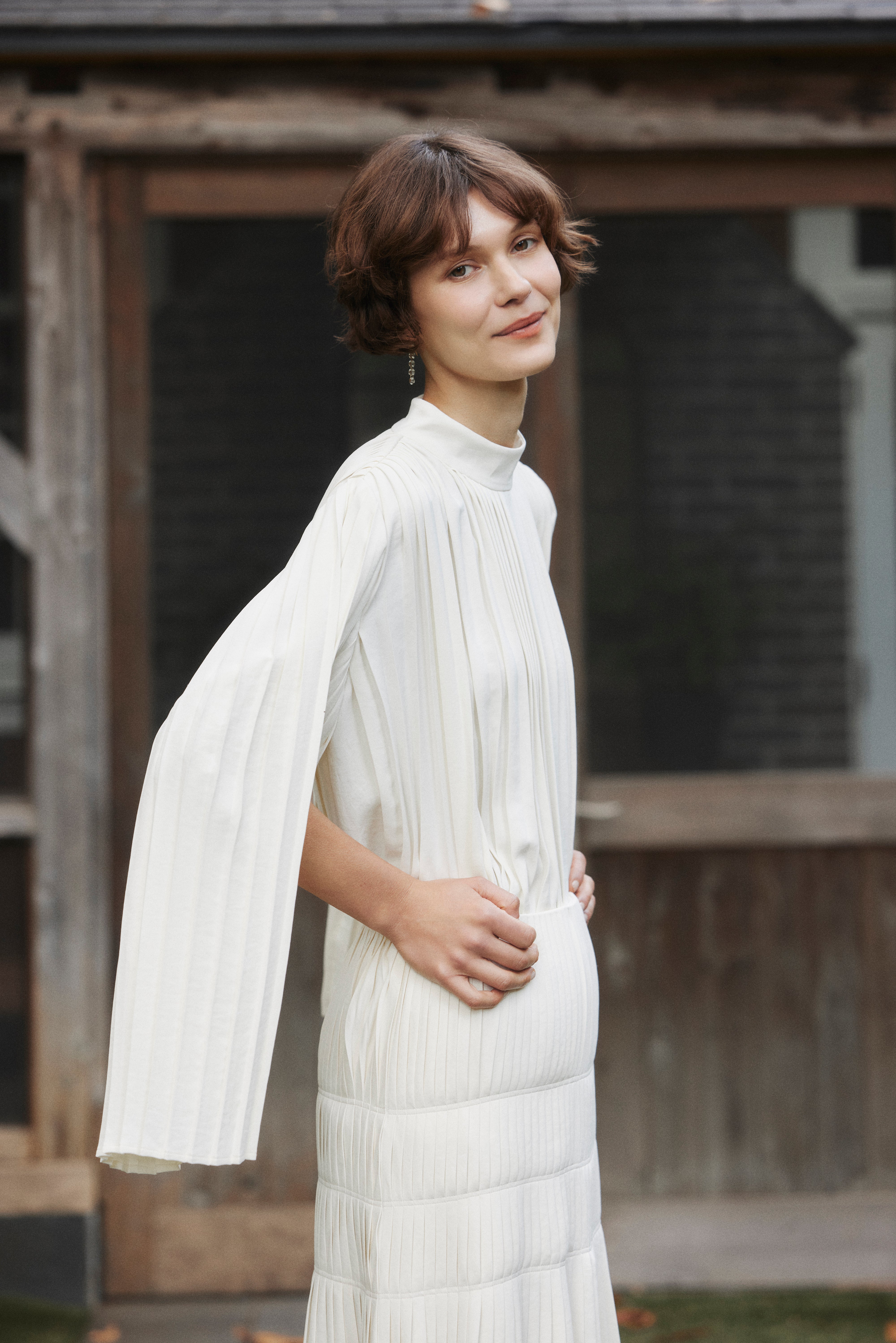 Powder Satin Pleats Cape Blouse