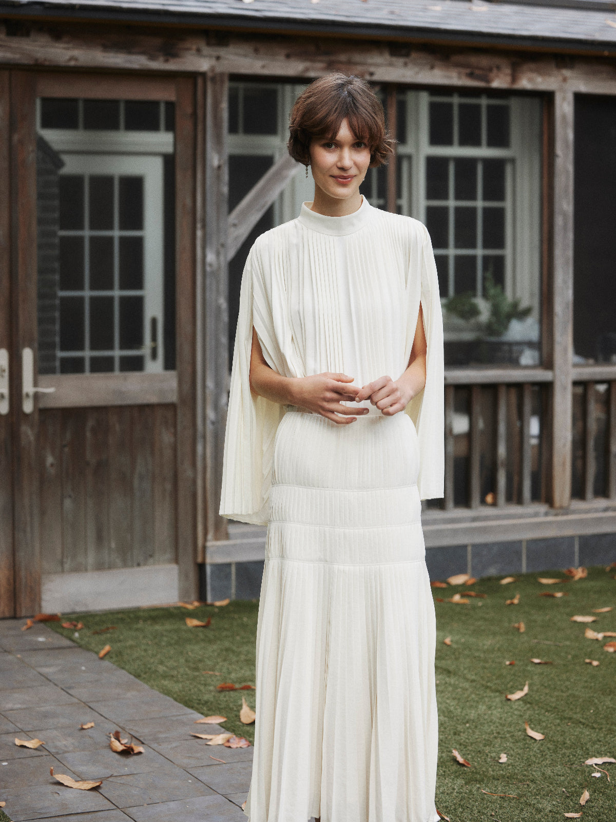Powder Satin Pleats Cape Blouse