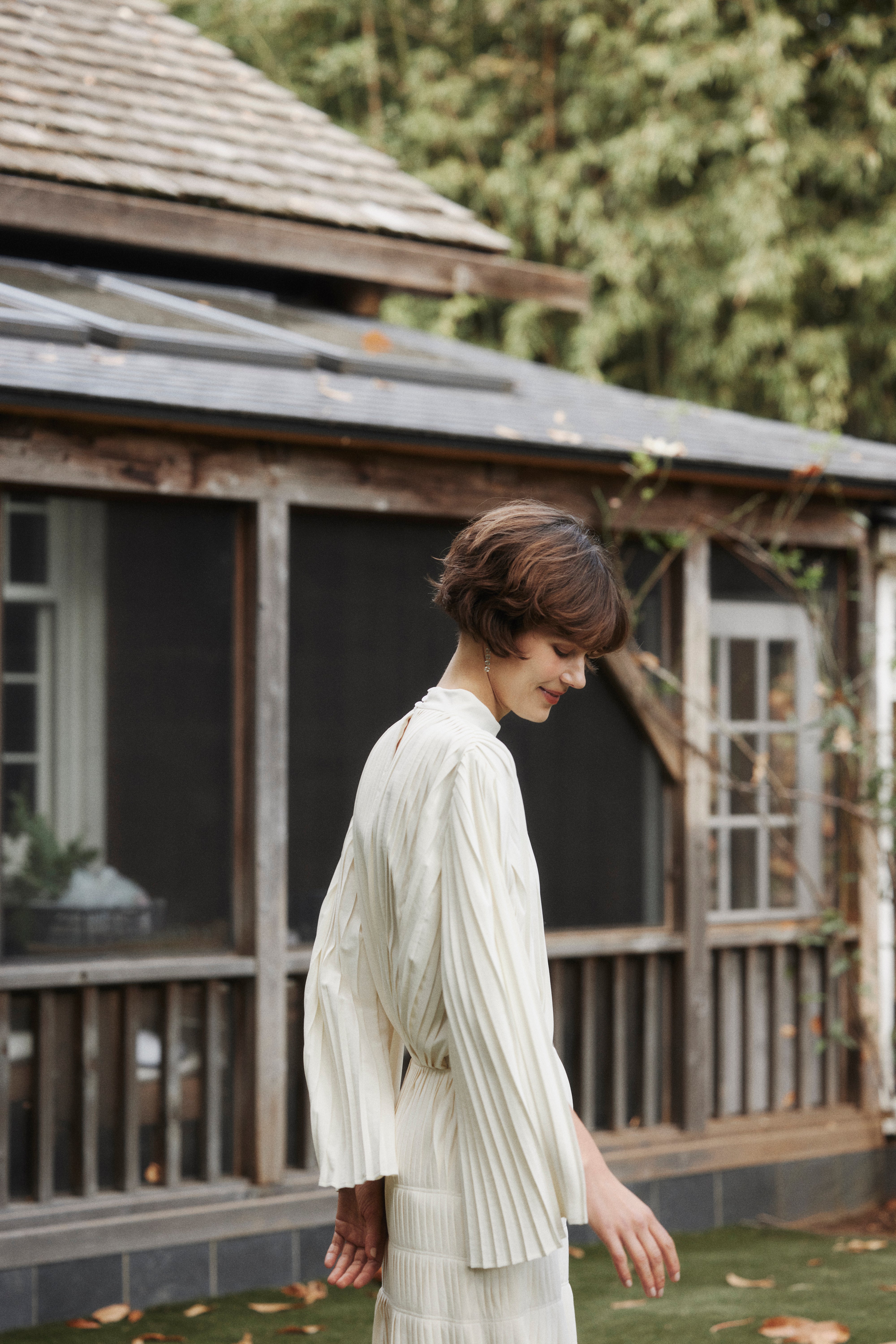 Powder Satin Pleats Cape Blouse