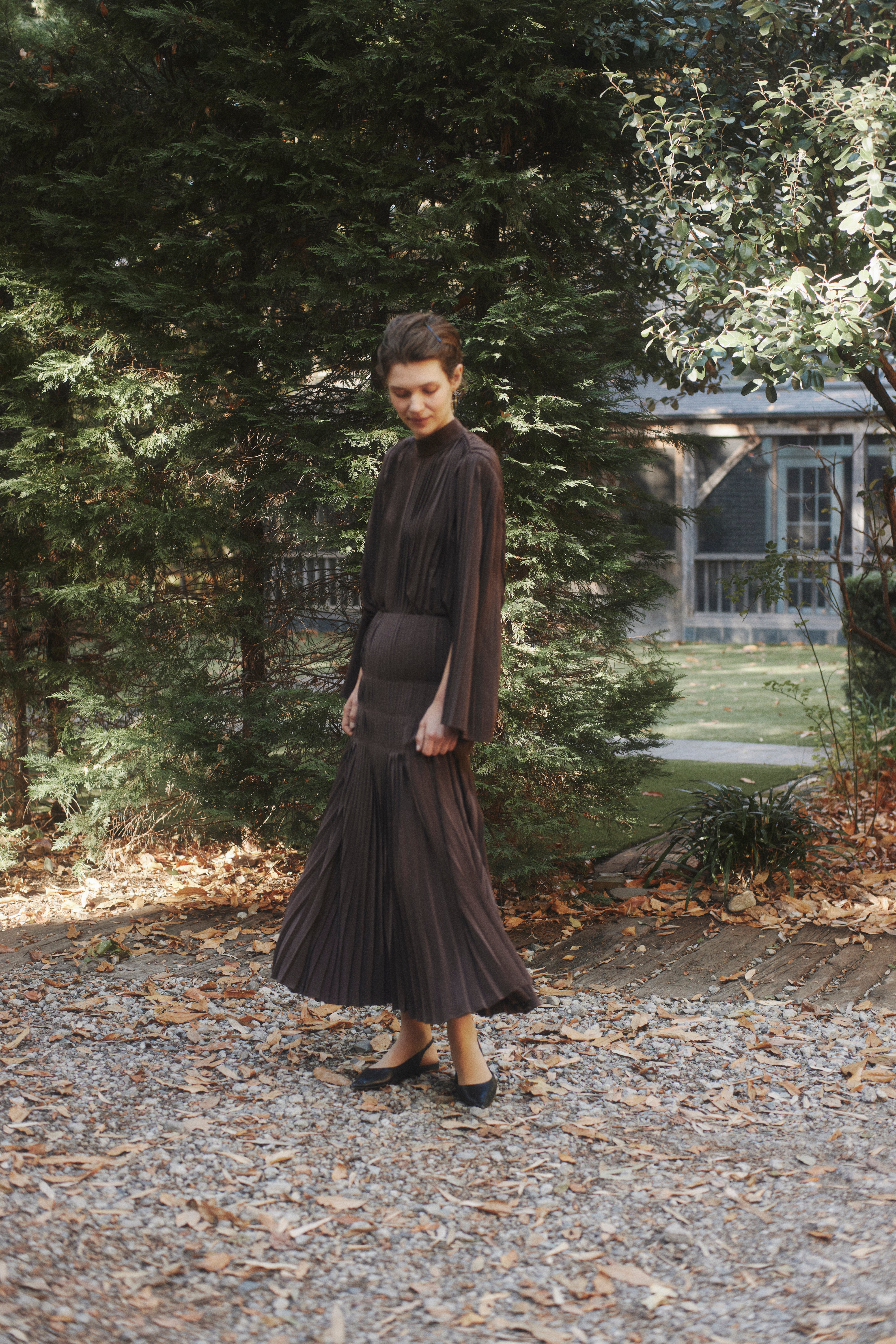 Powder Satin Pleats Cape Blouse