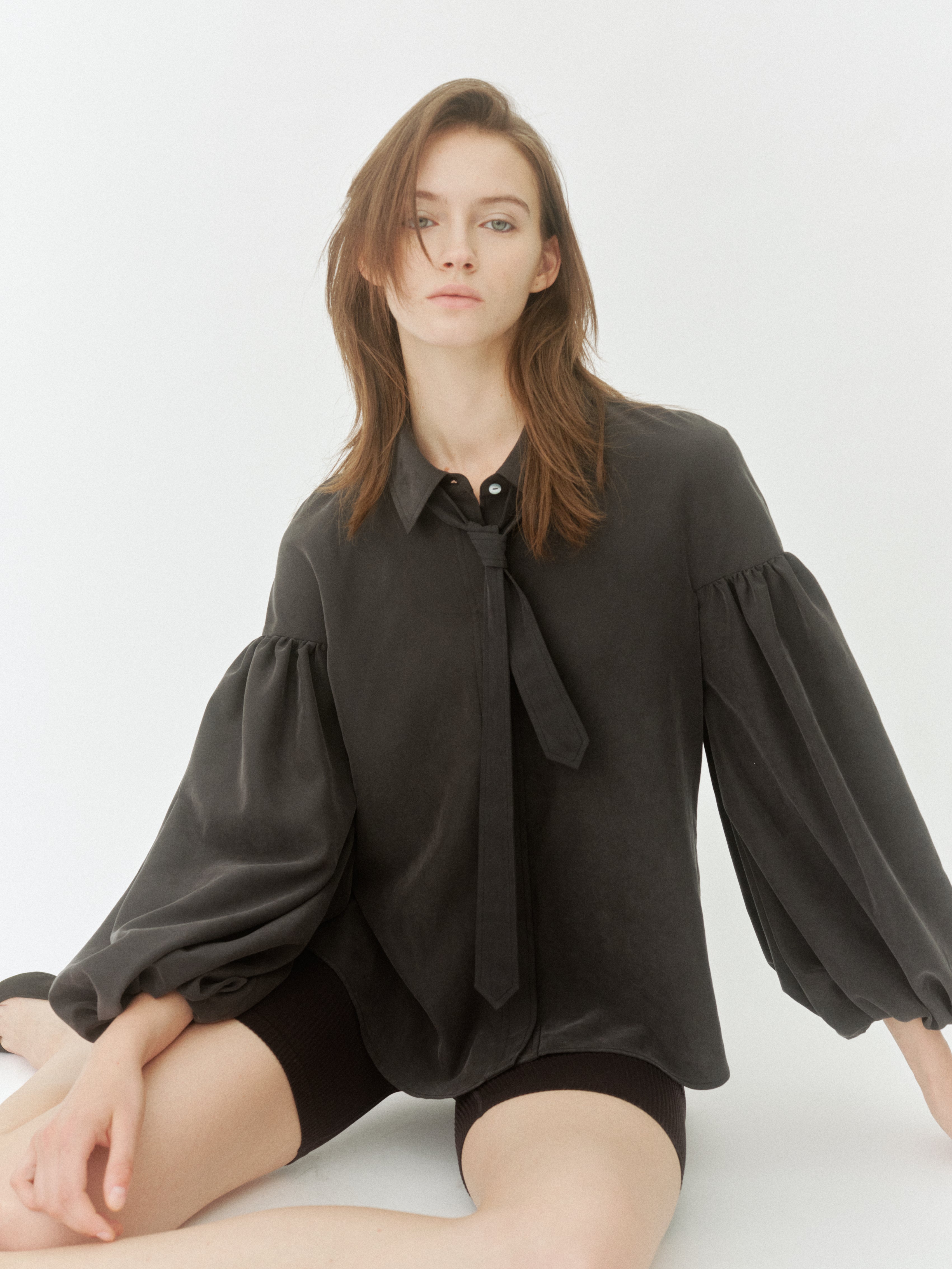 Bow Tie Balloon Sleeve Blouse