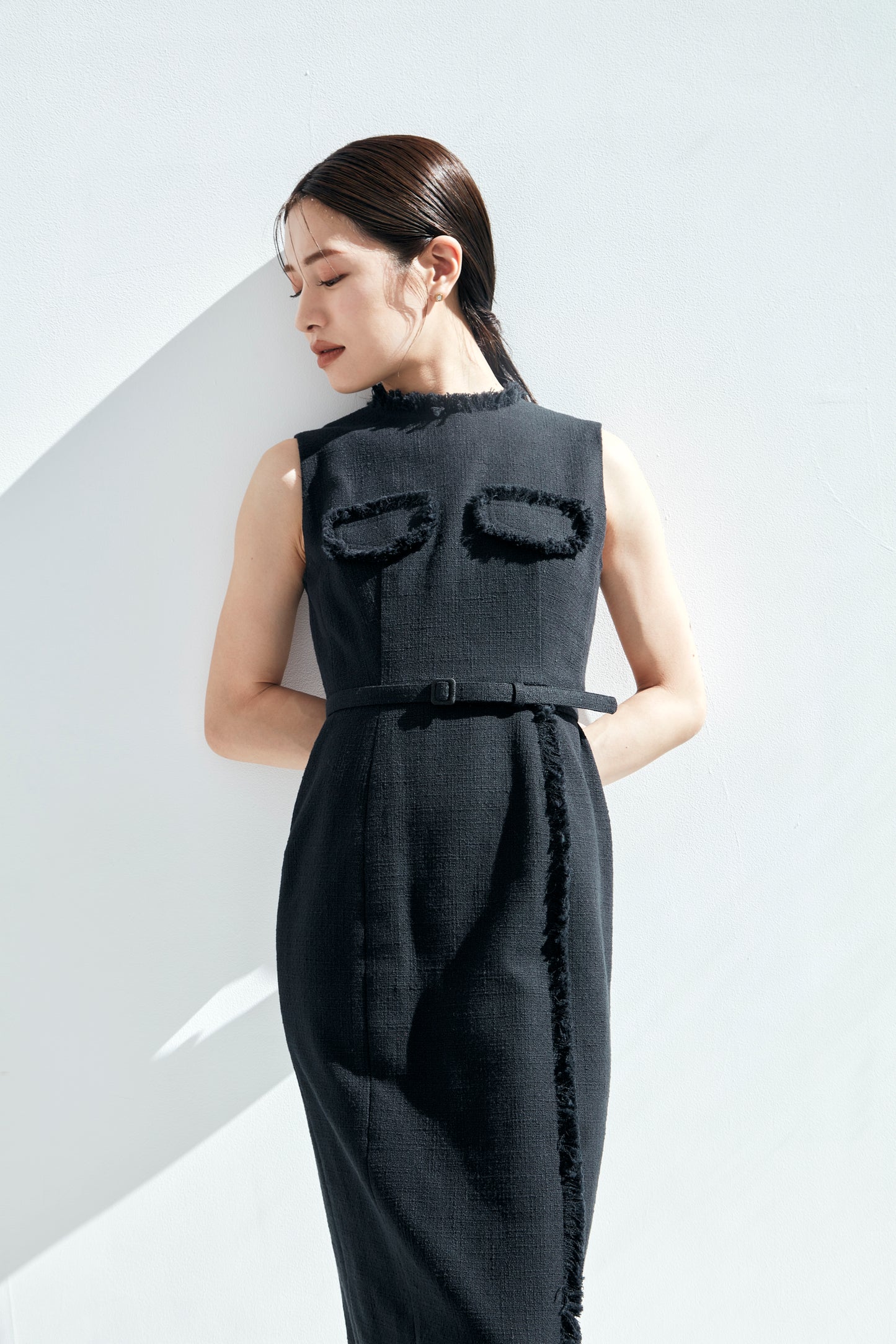 Belted fringe tweed Dress