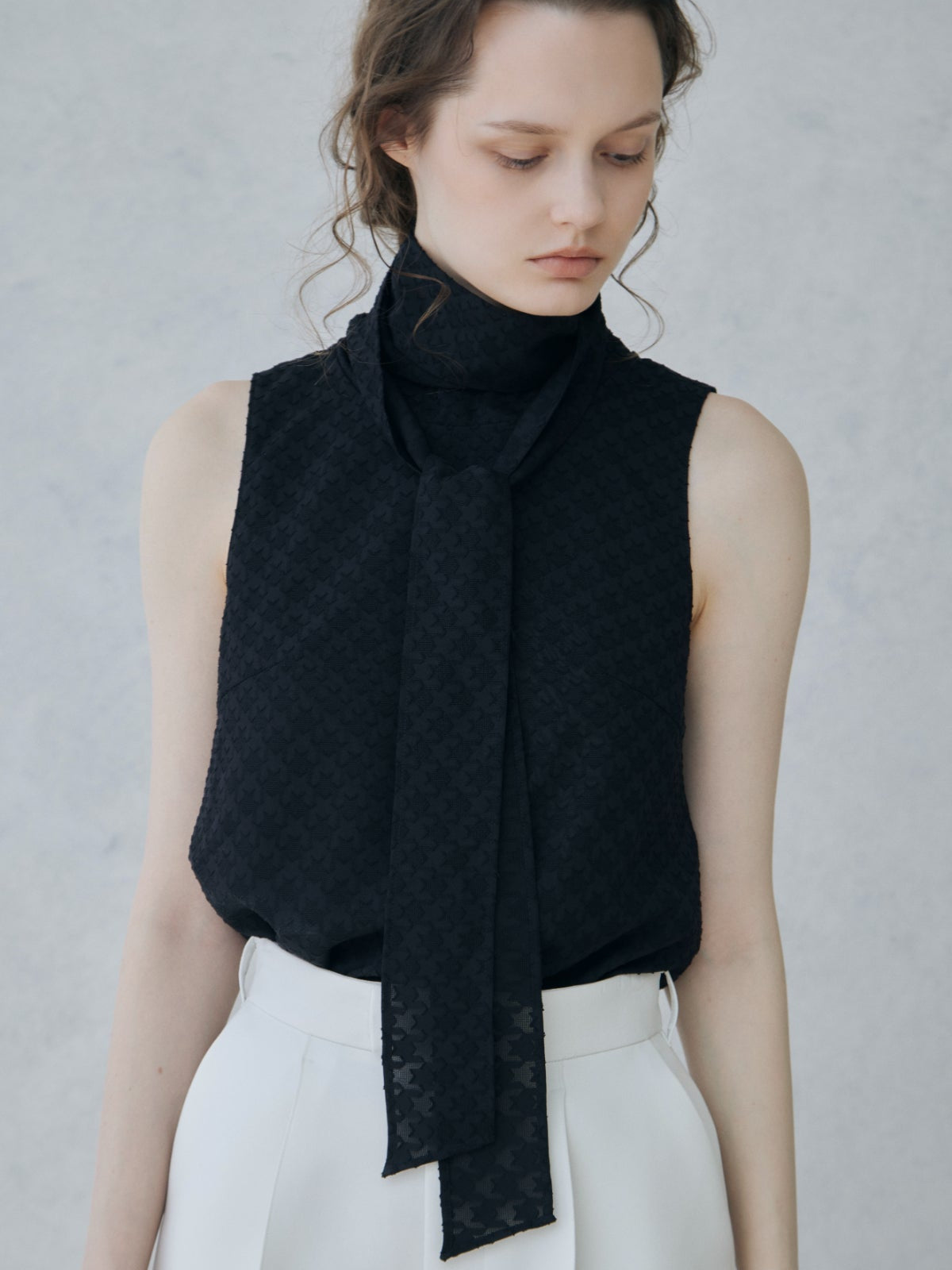 Sheer Jacquard Bow-tie Blouse