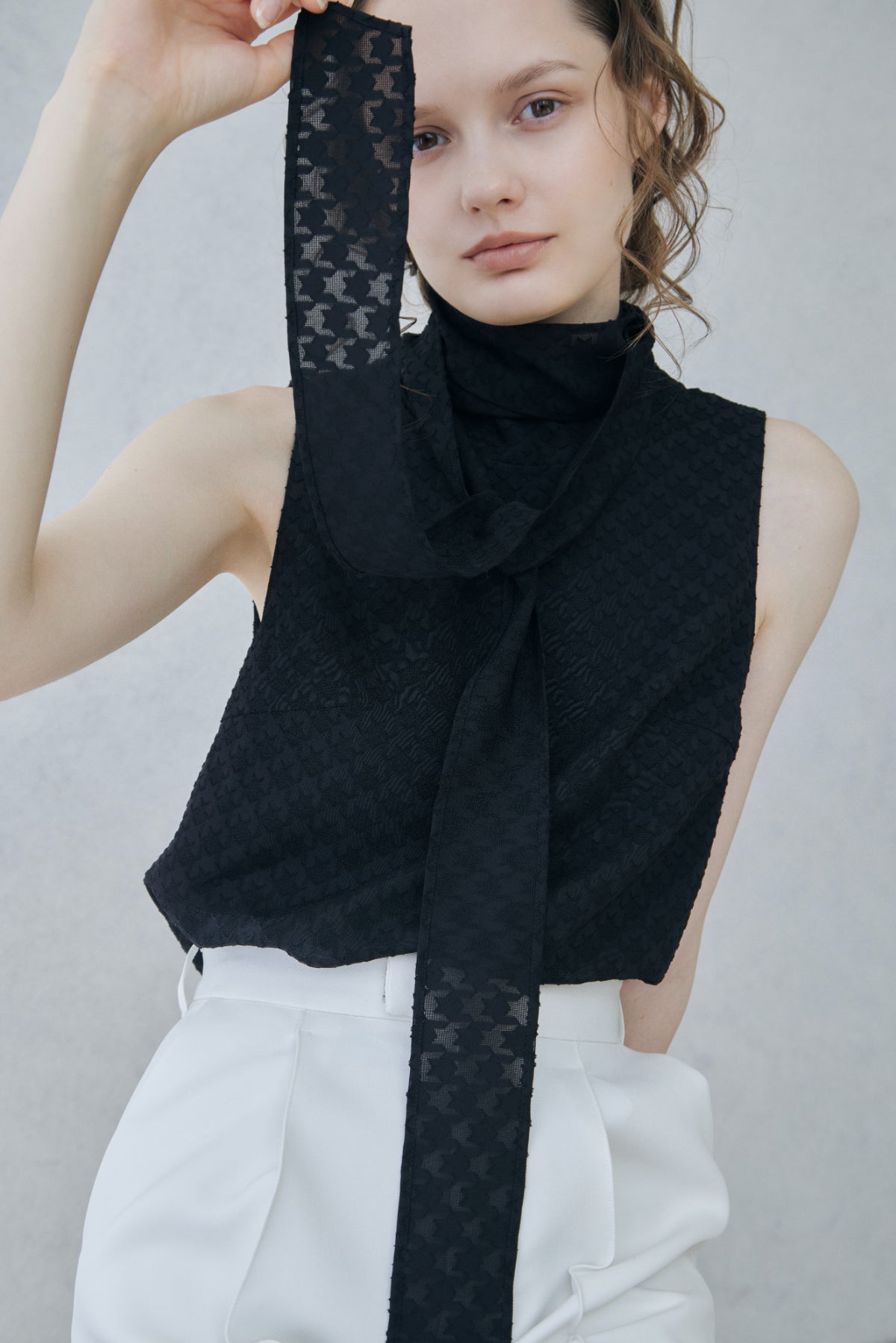 Sheer Jacquard Bow-tie Blouse