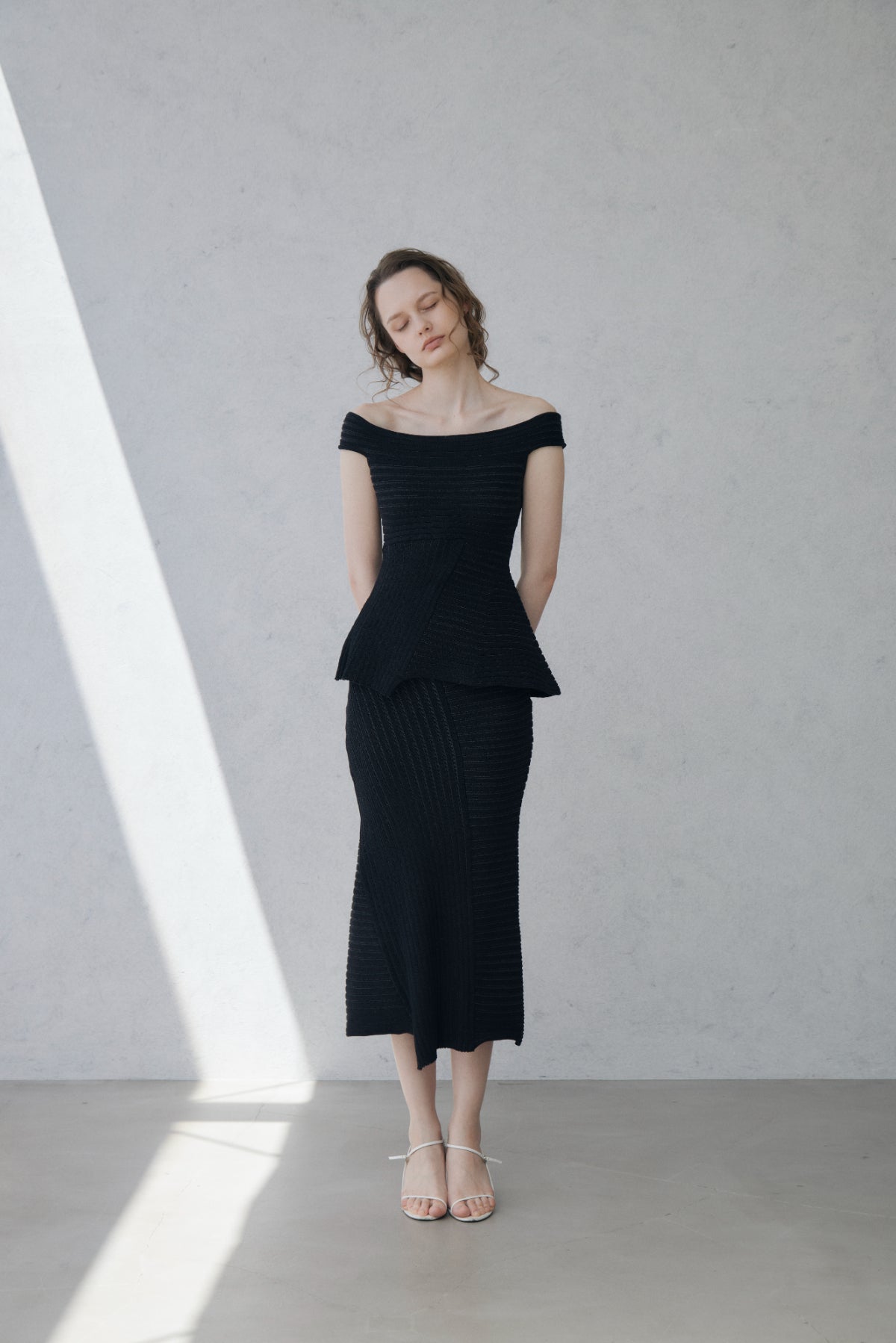 Off-shoulder Panel Rib Knit Tops