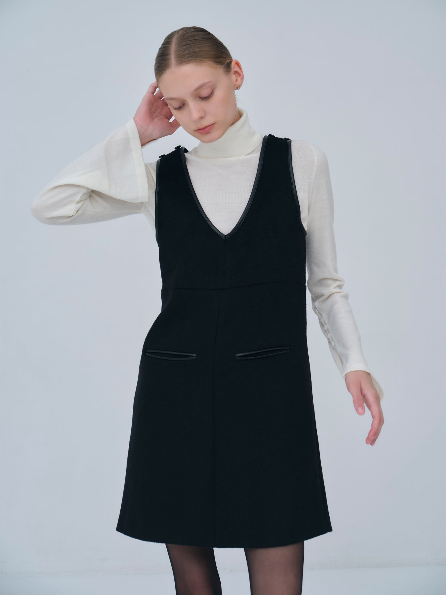 Leather Trimmed Wool Jumper Dress