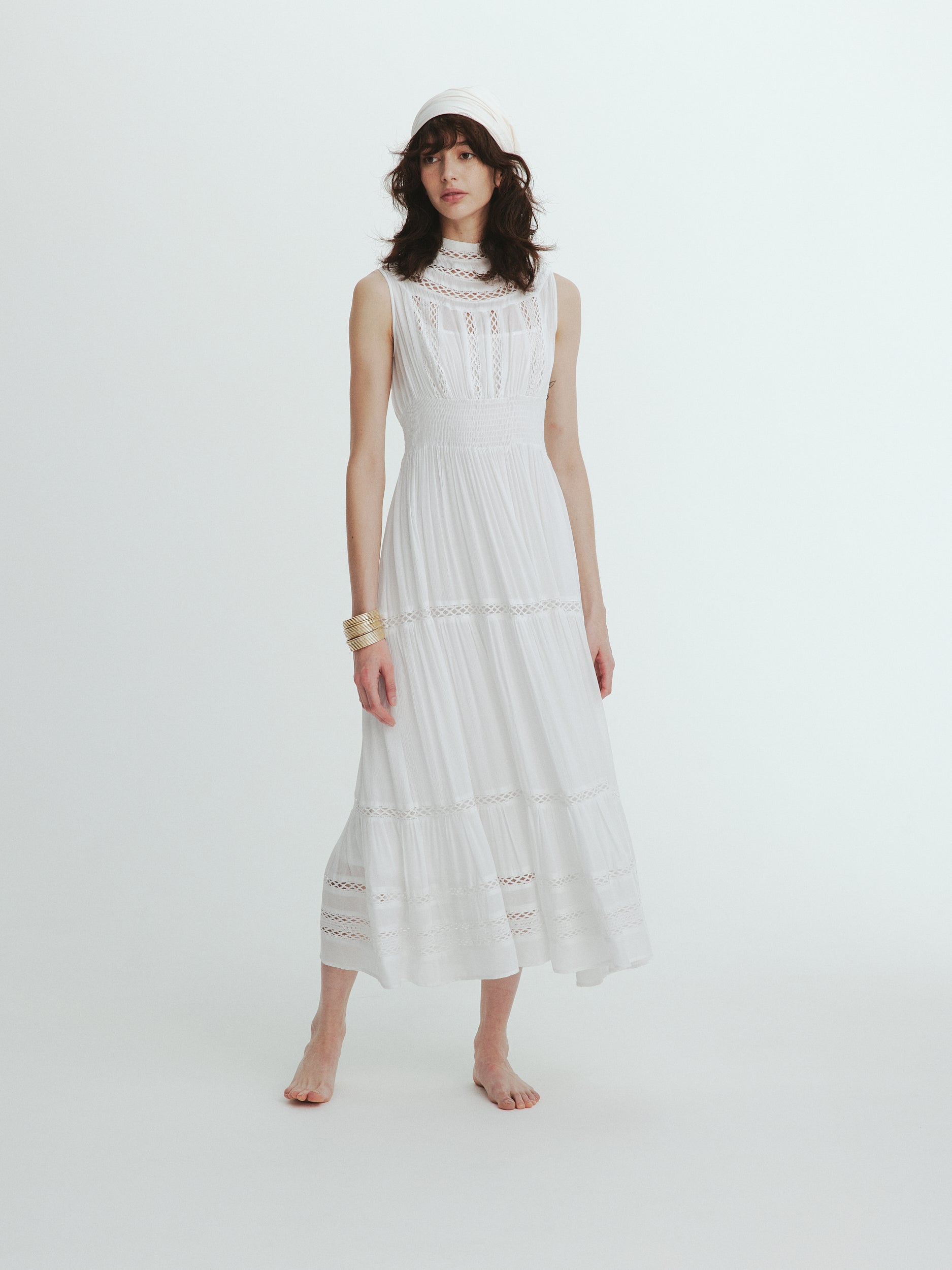 L'AUBE BLANC Belted Drape Dress beige S - ひざ丈ワンピース