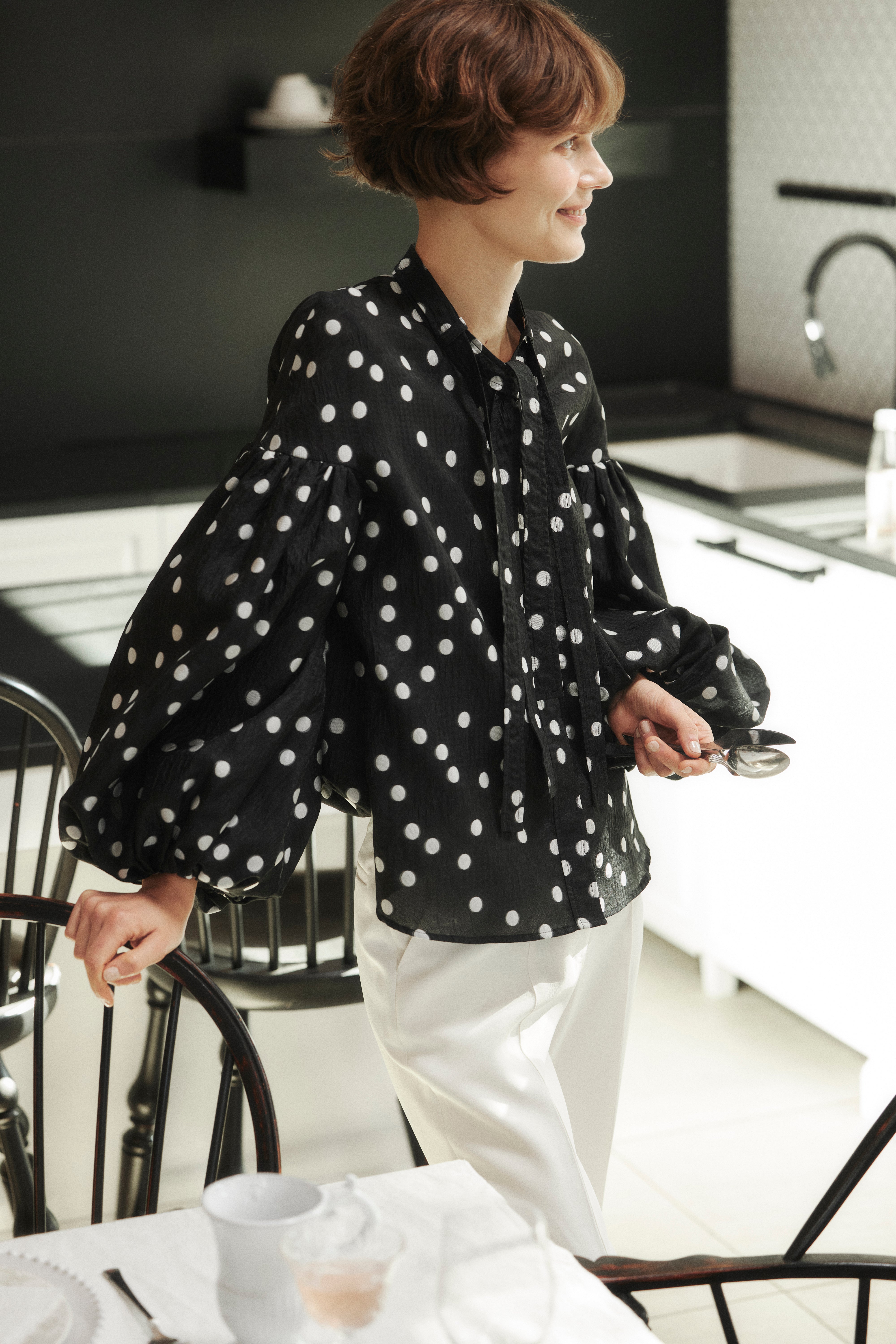 Sheer Polka Dot Ribbon Blouse