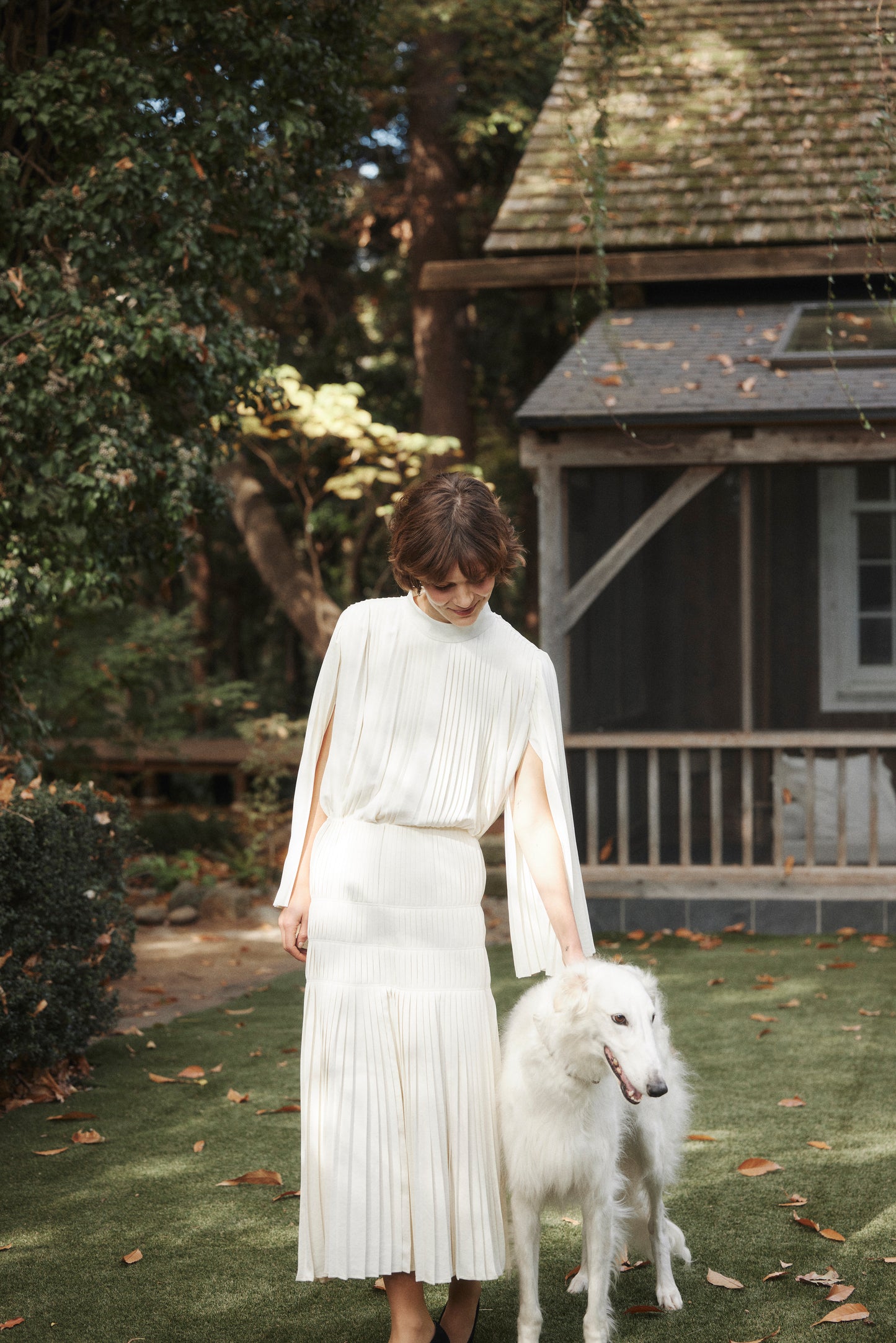 Powder Satin Pleats Cape Blouse