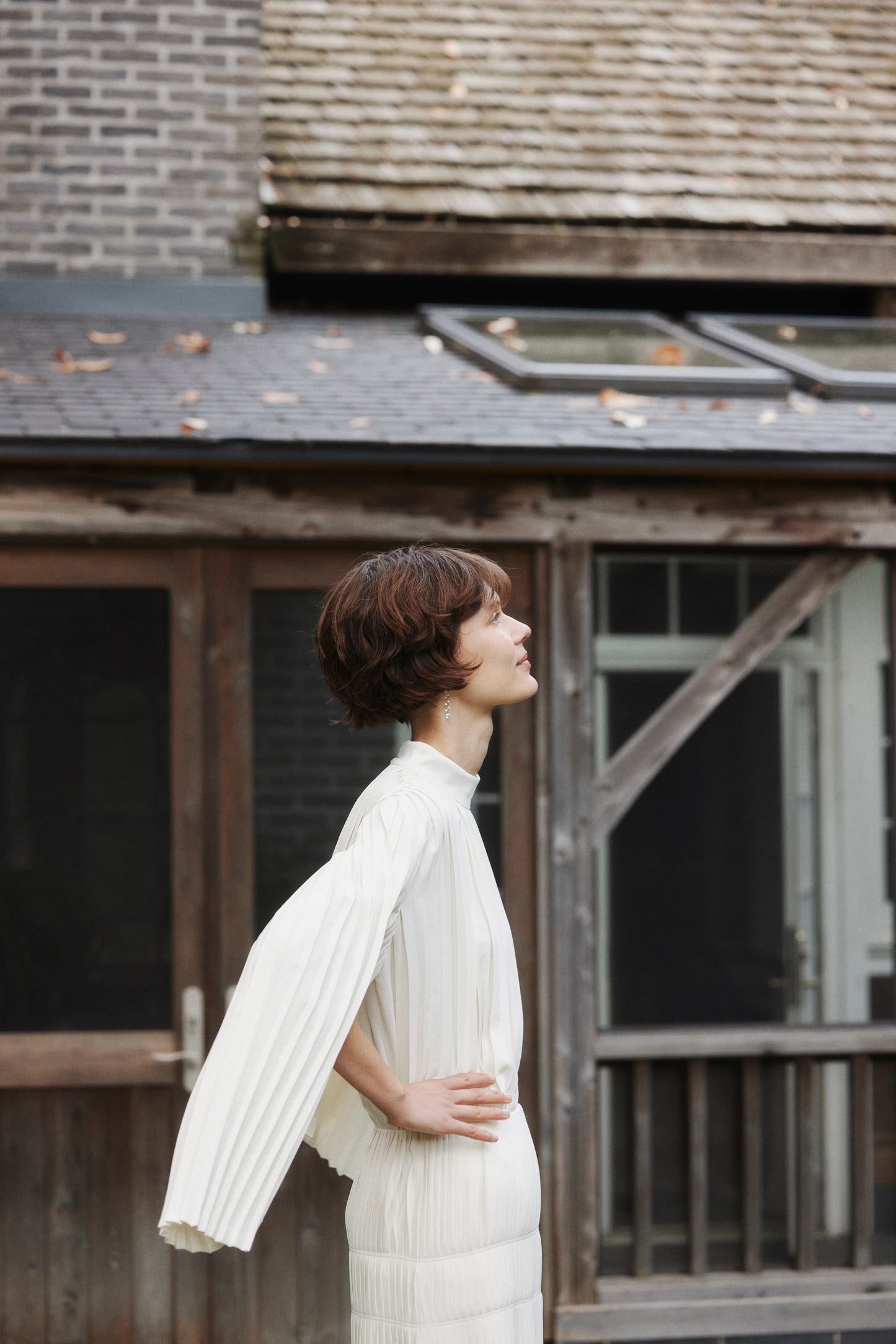 Powder Satin Pleats Cape Blouse