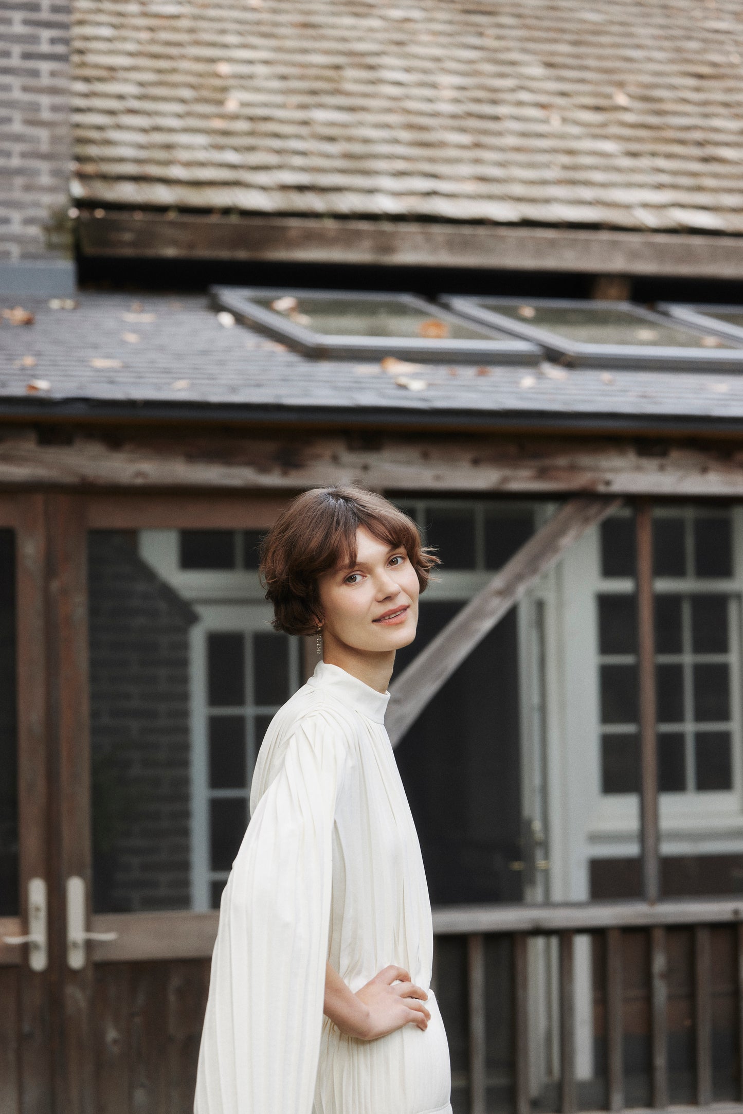 Powder Satin Pleats Cape Blouse