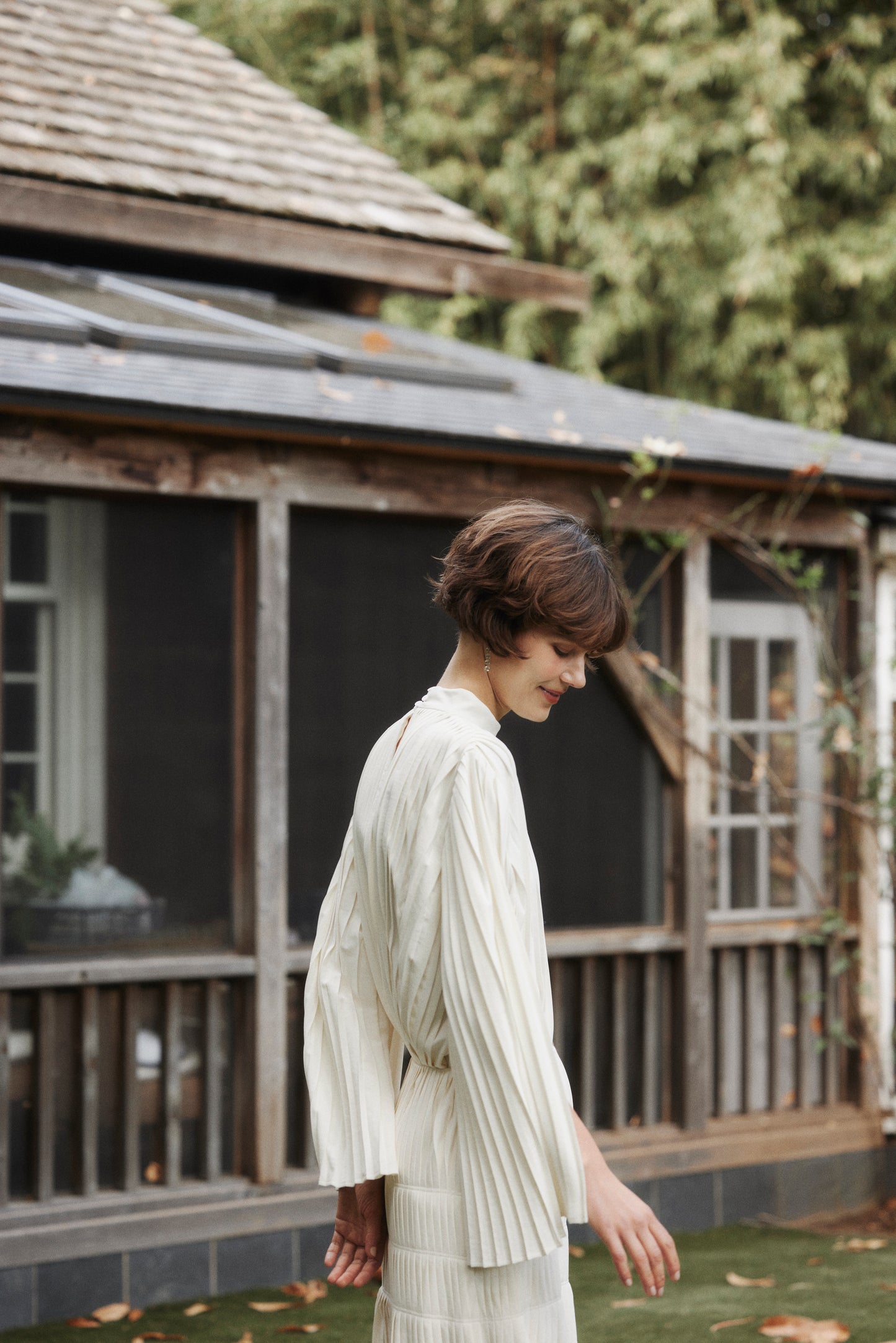 Powder Satin Pleats Cape Blouse