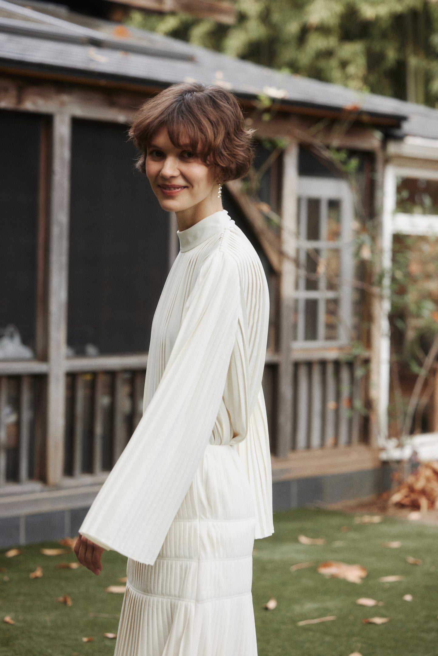 Powder Satin Pleats Cape Blouse