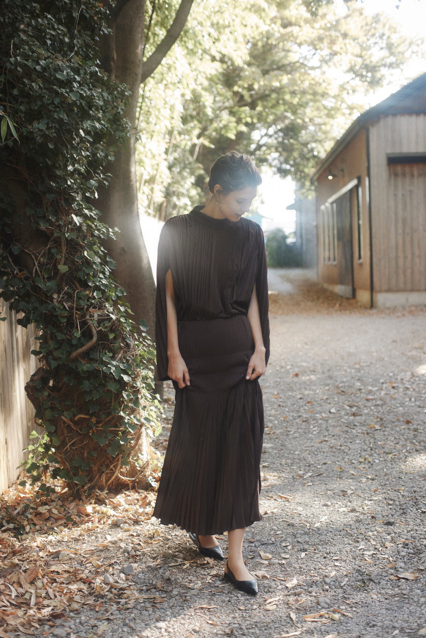 Powder Satin Pleats Tiered Skirt