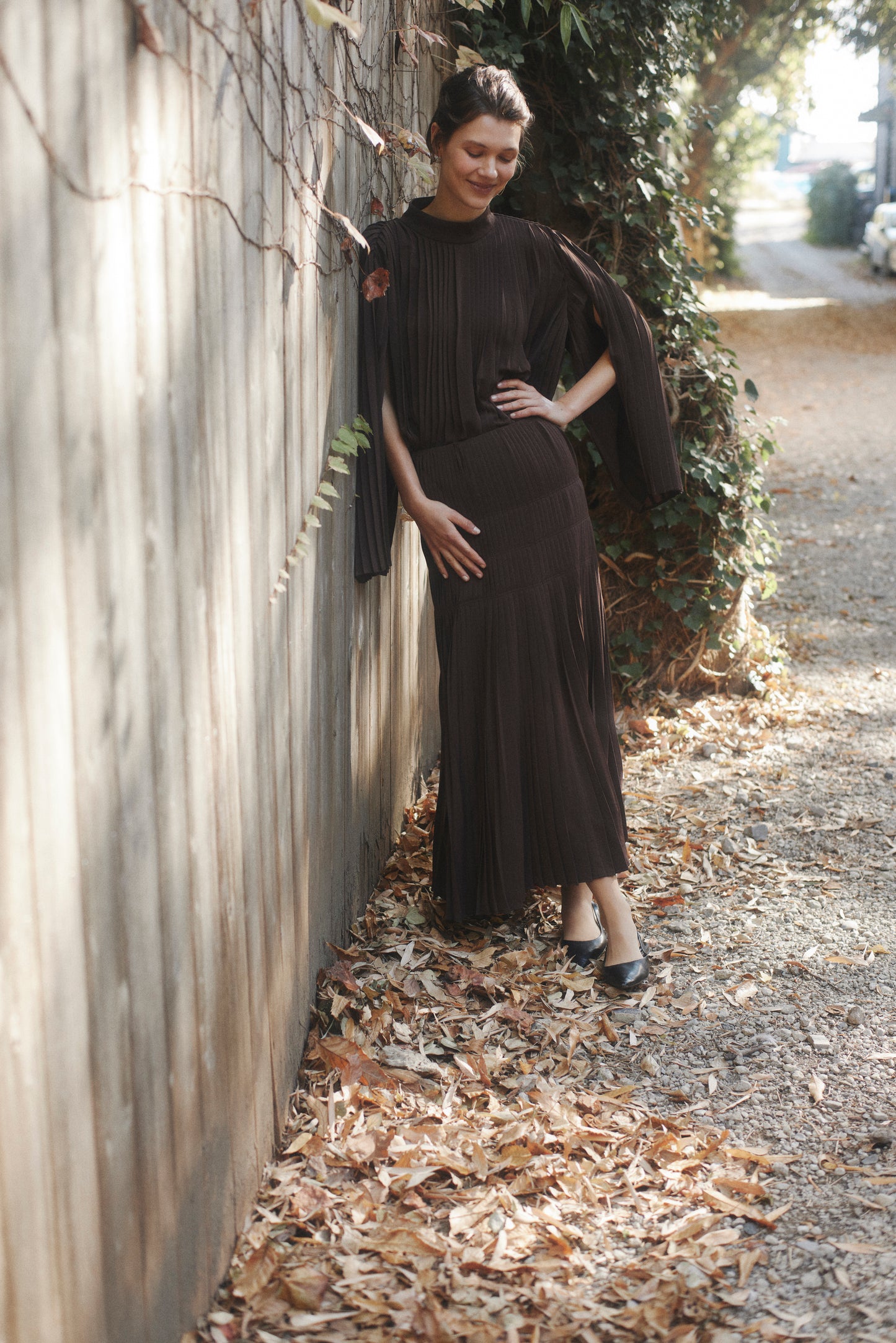 Powder Satin Pleats Cape Blouse