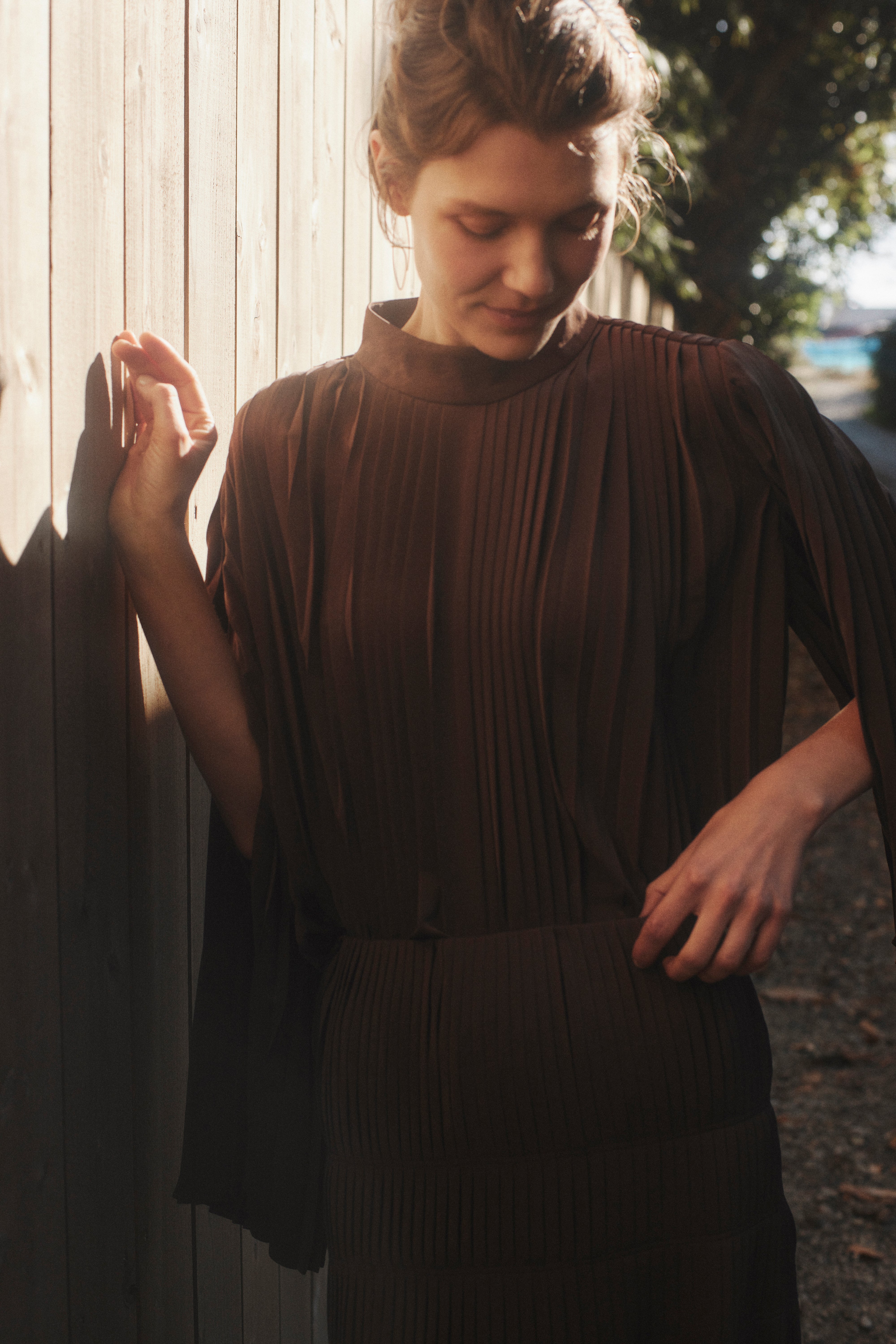 Powder Satin Pleats Cape Blouse