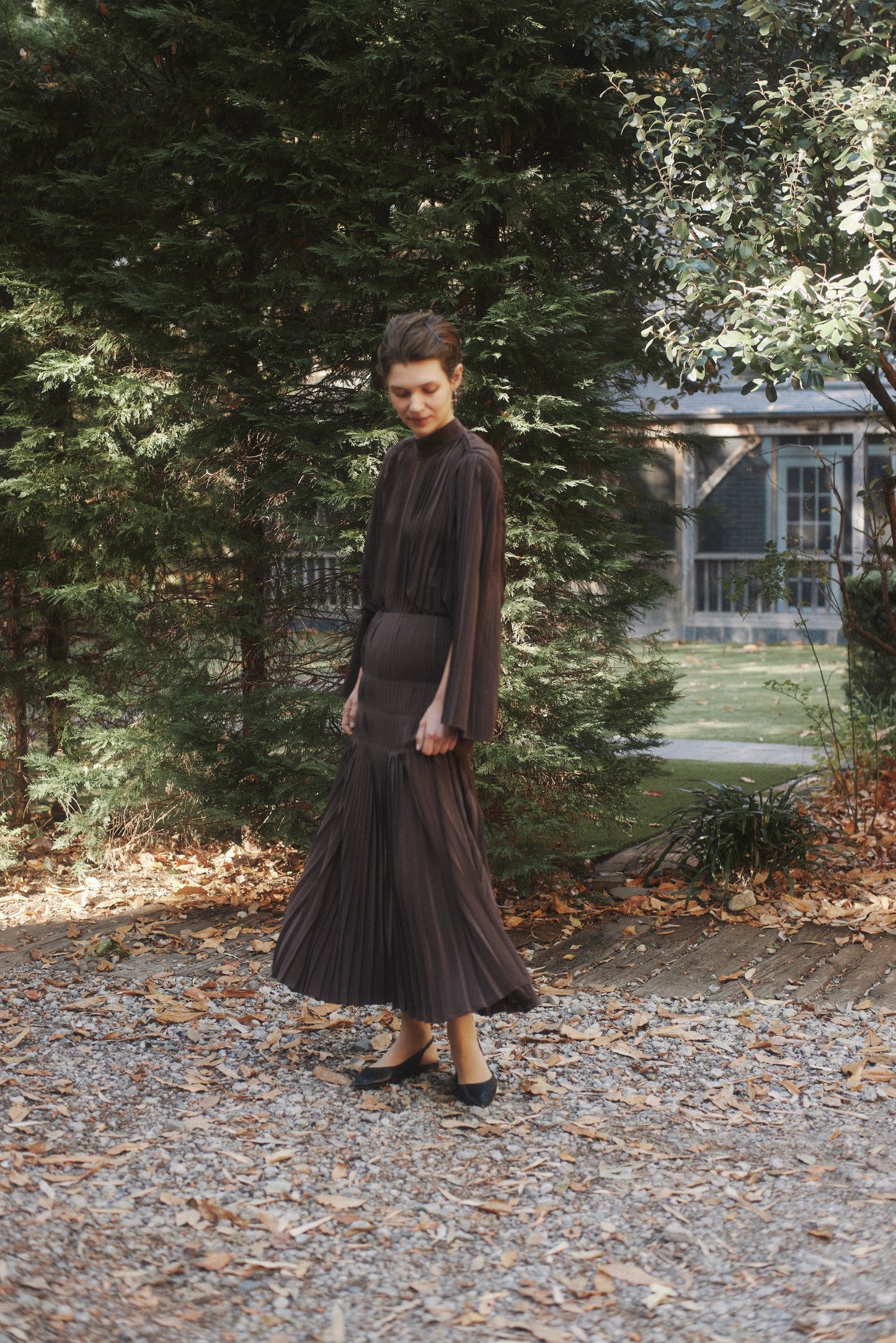 Powder Satin Pleats Cape Blouse