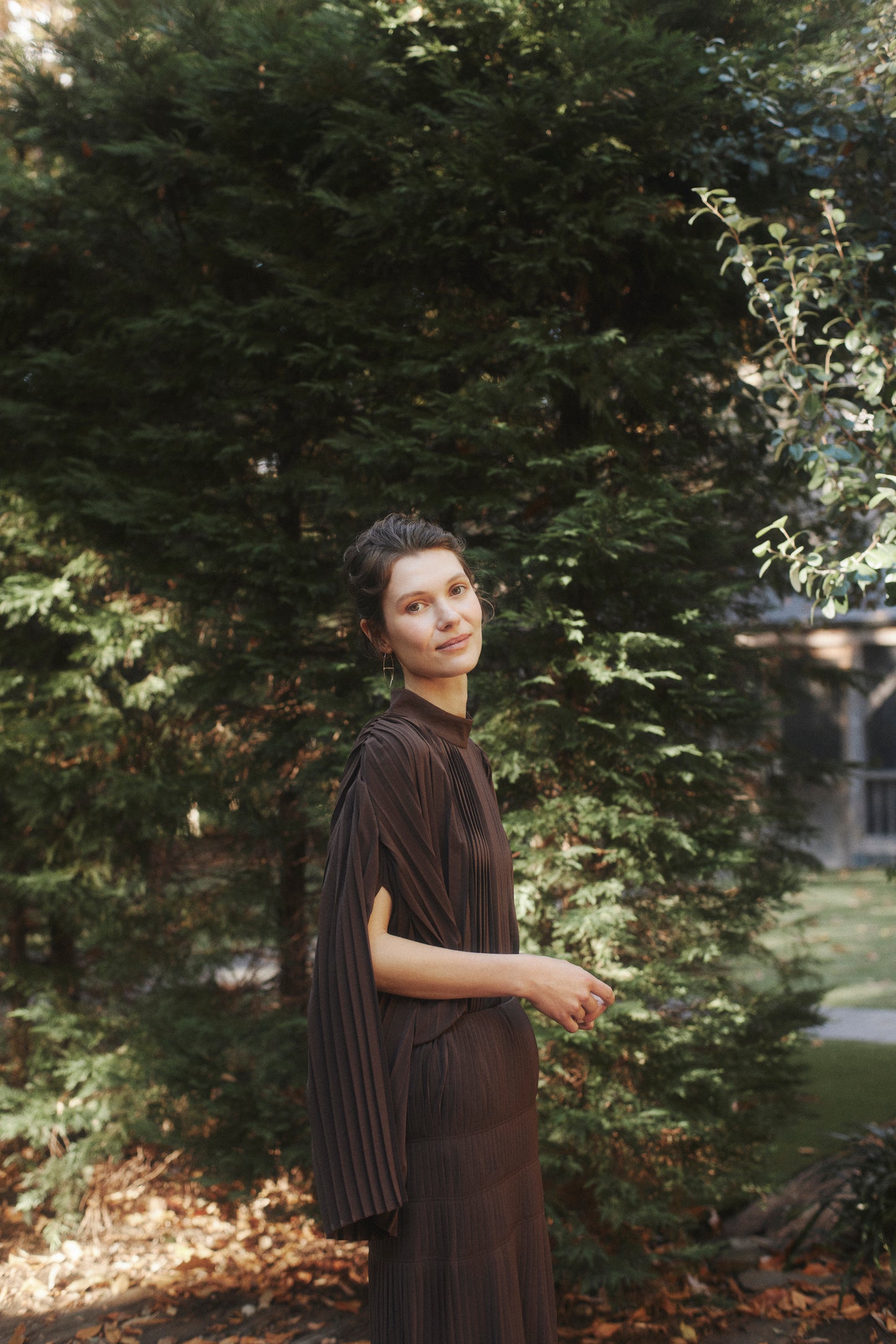 Powder Satin Pleats Cape Blouse