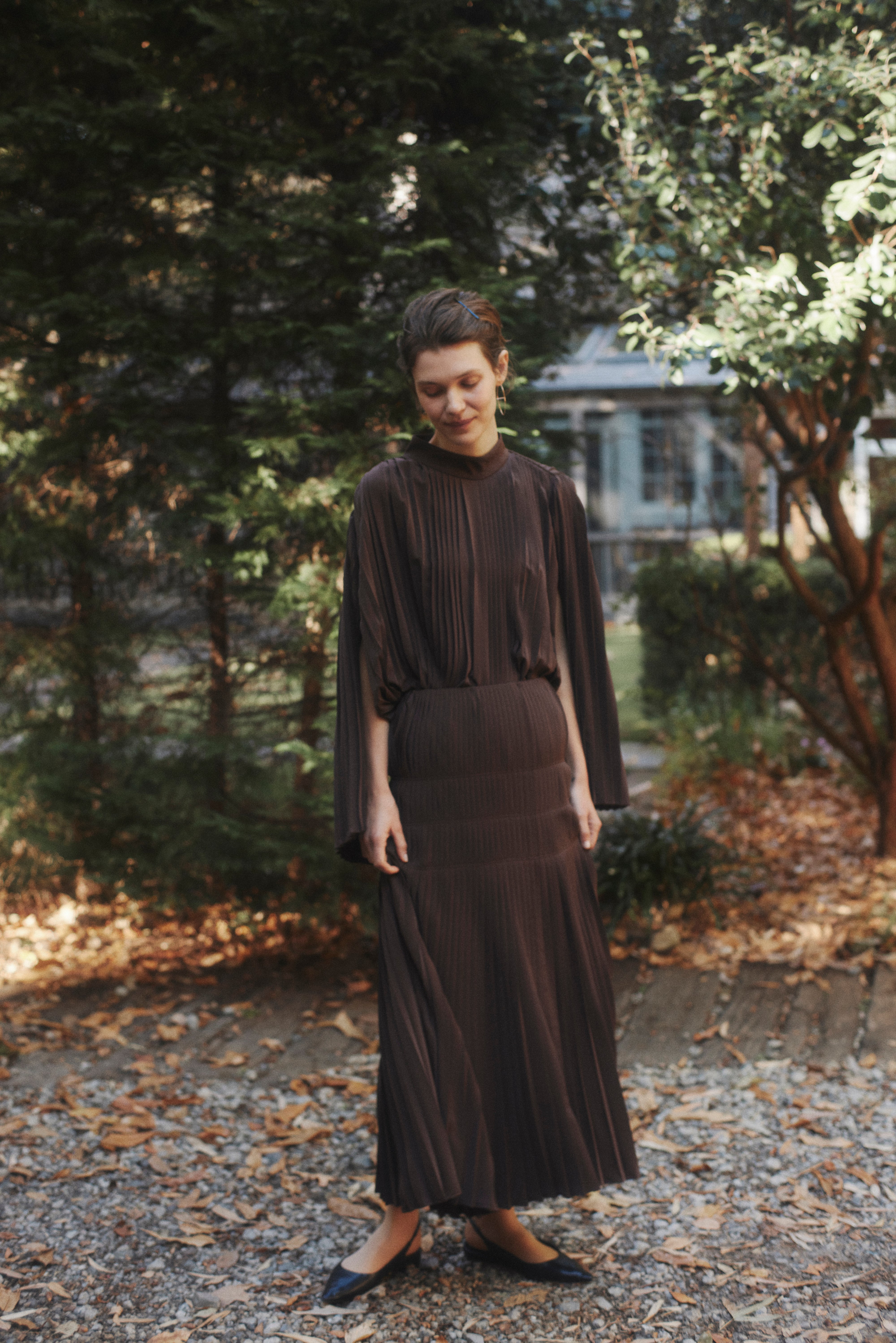 Powder Satin Pleats Cape Blouse