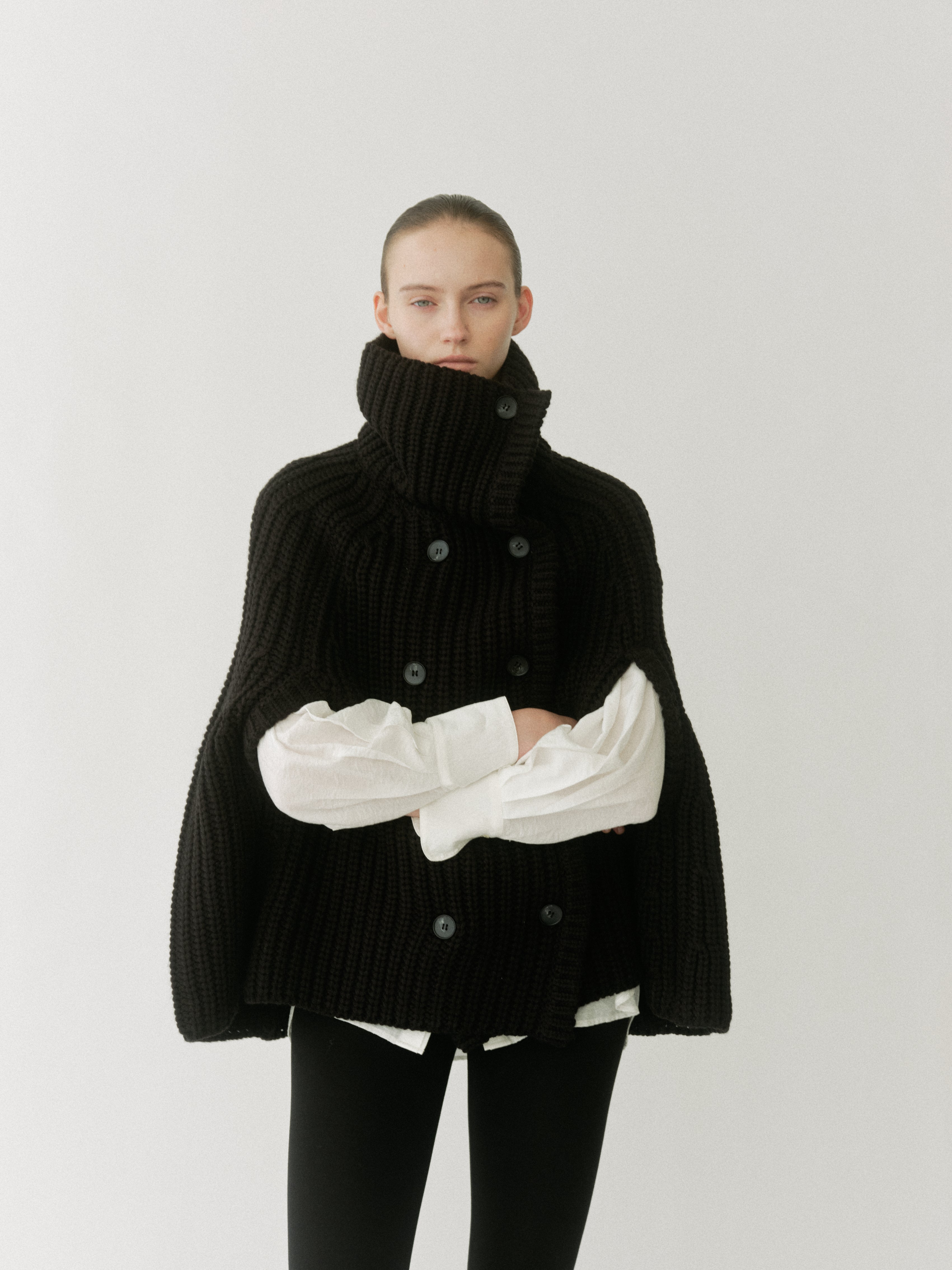 Double Breasted Knit Cape Coat
