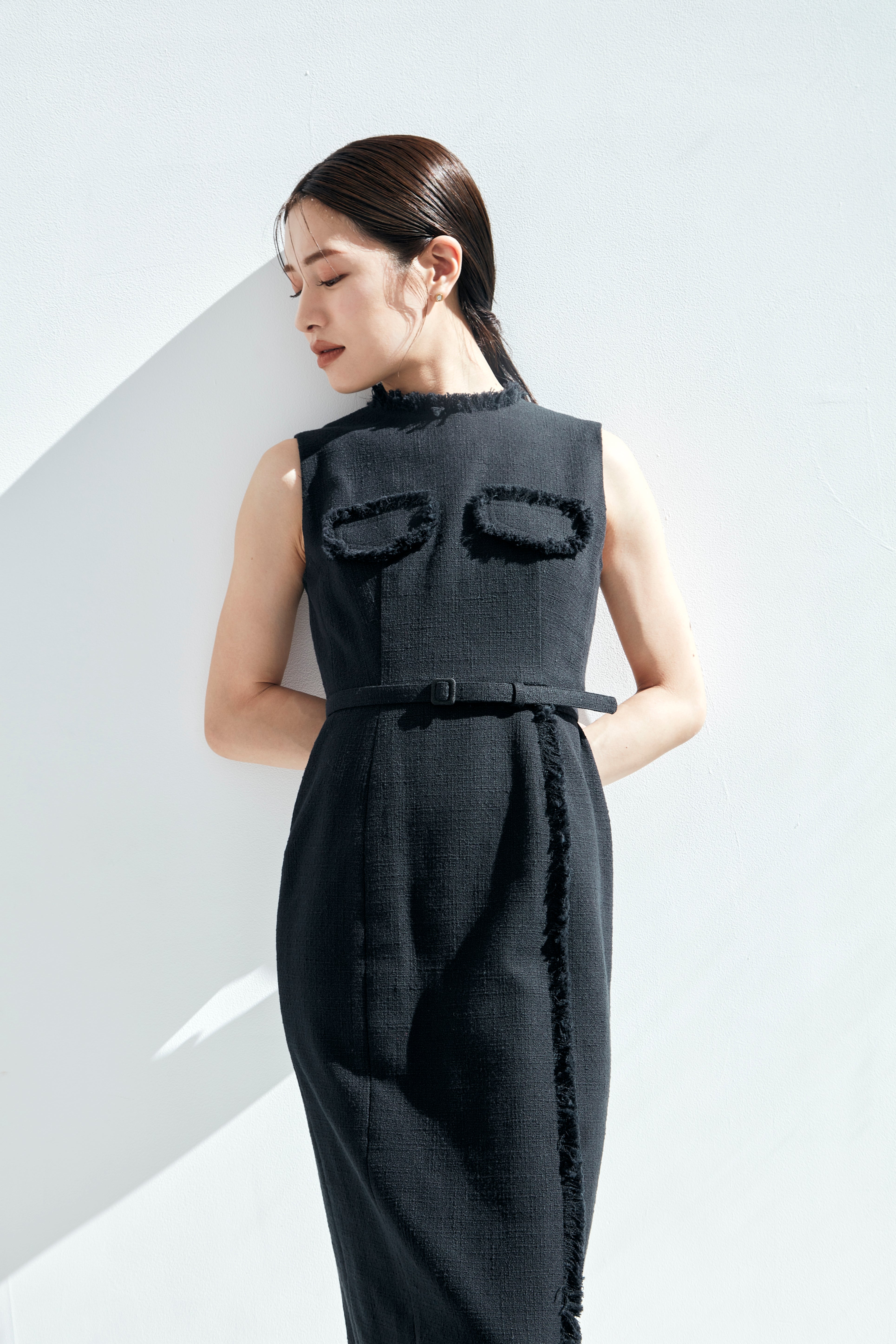 Belted fringe tweed Dress