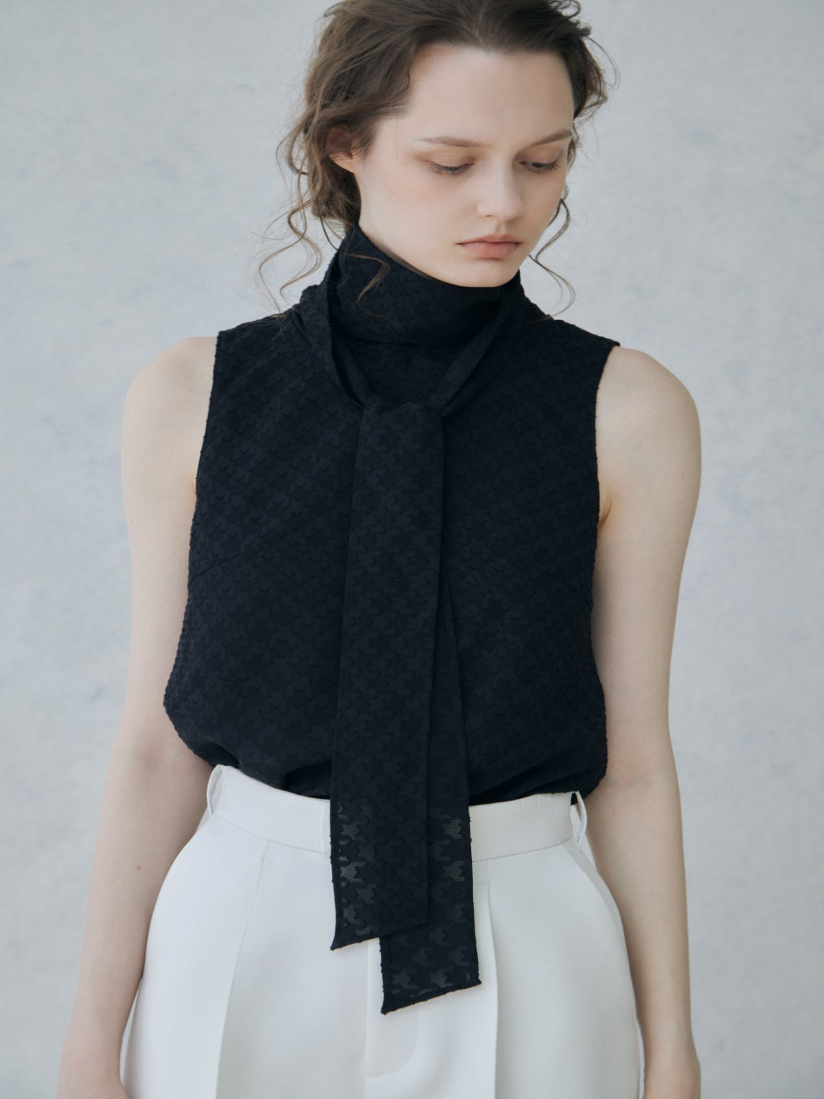 Sheer Jacquard Bow-tie Blouse