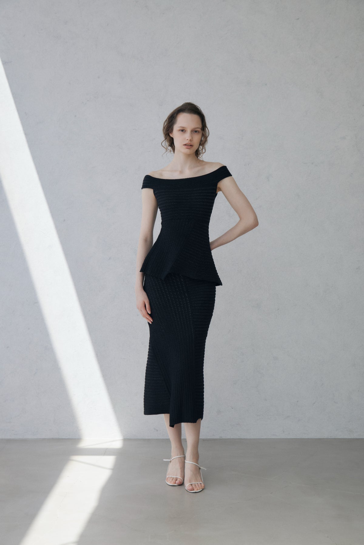 Off-shoulder Panel Rib Knit Tops