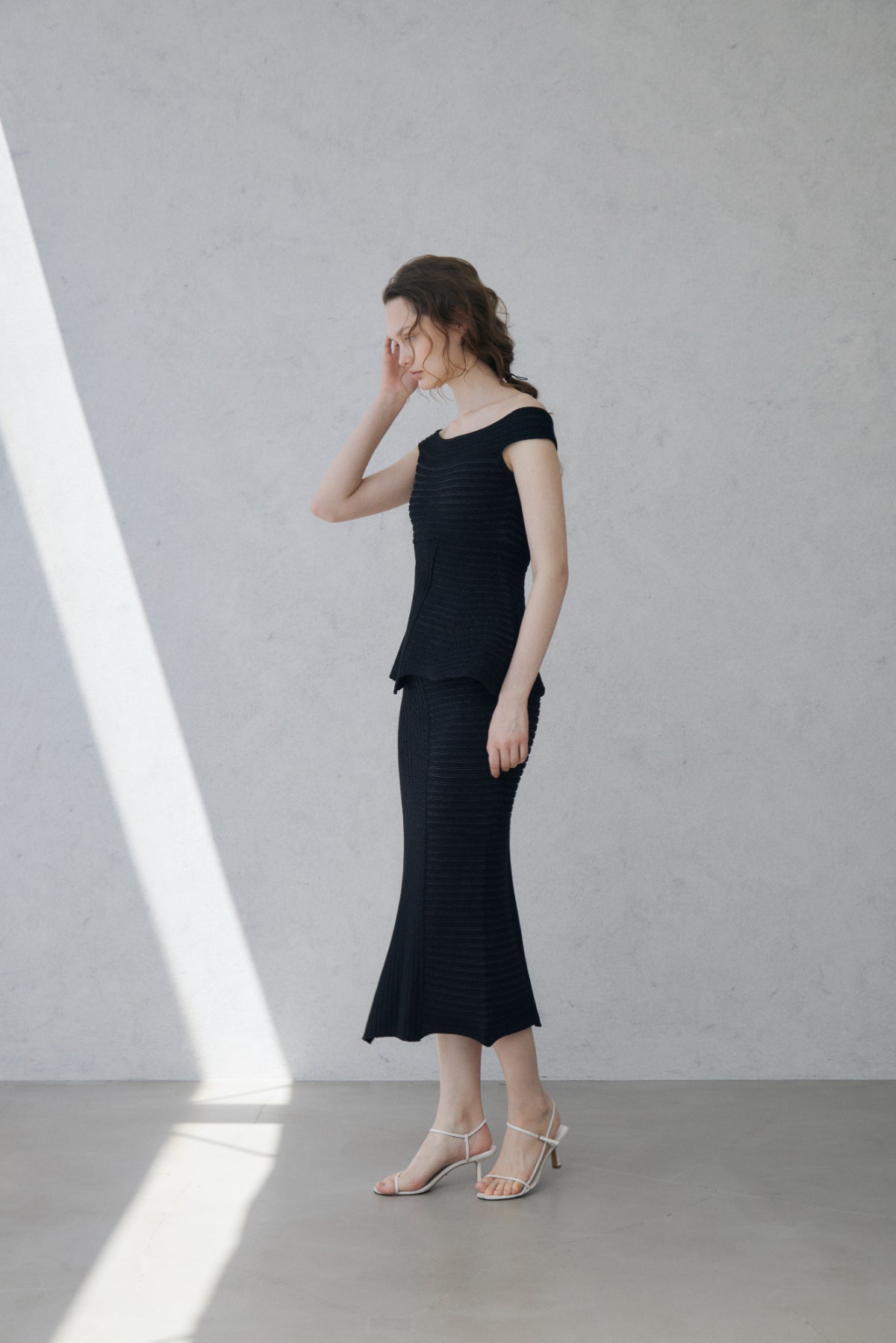 Off-shoulder Panel Rib Knit Tops