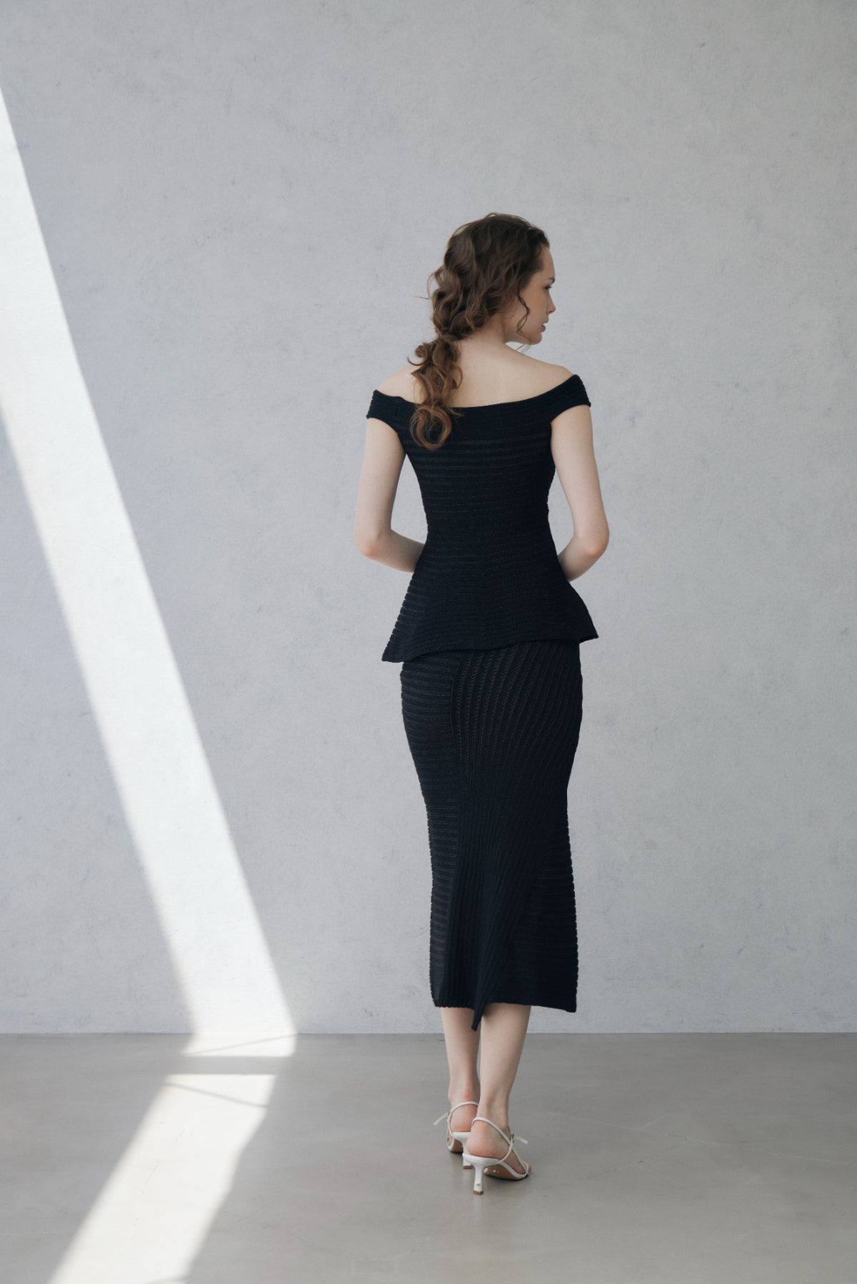 Off-shoulder Panel Rib Knit Tops