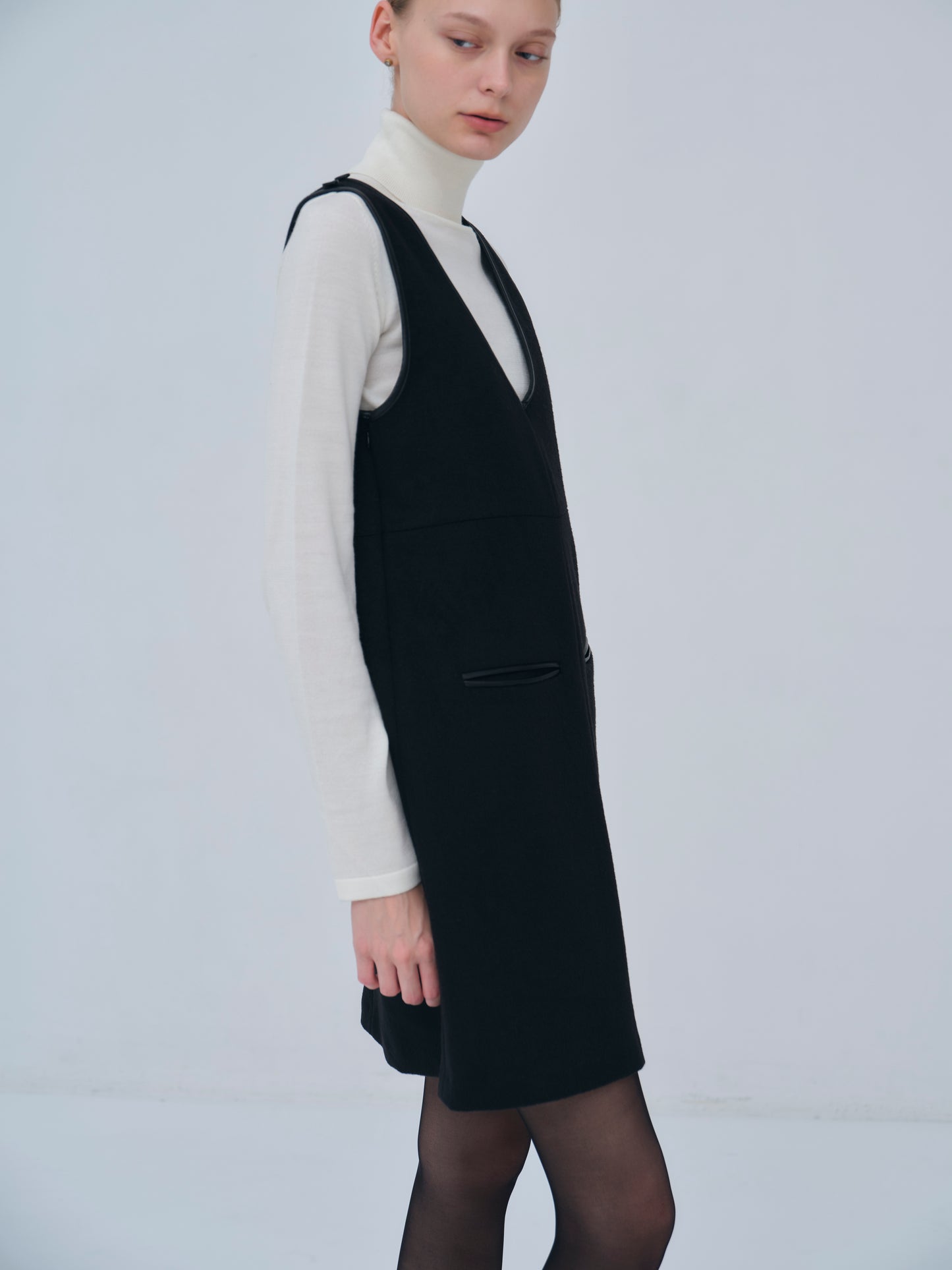 Leather Trimmed Wool Jumper Dress