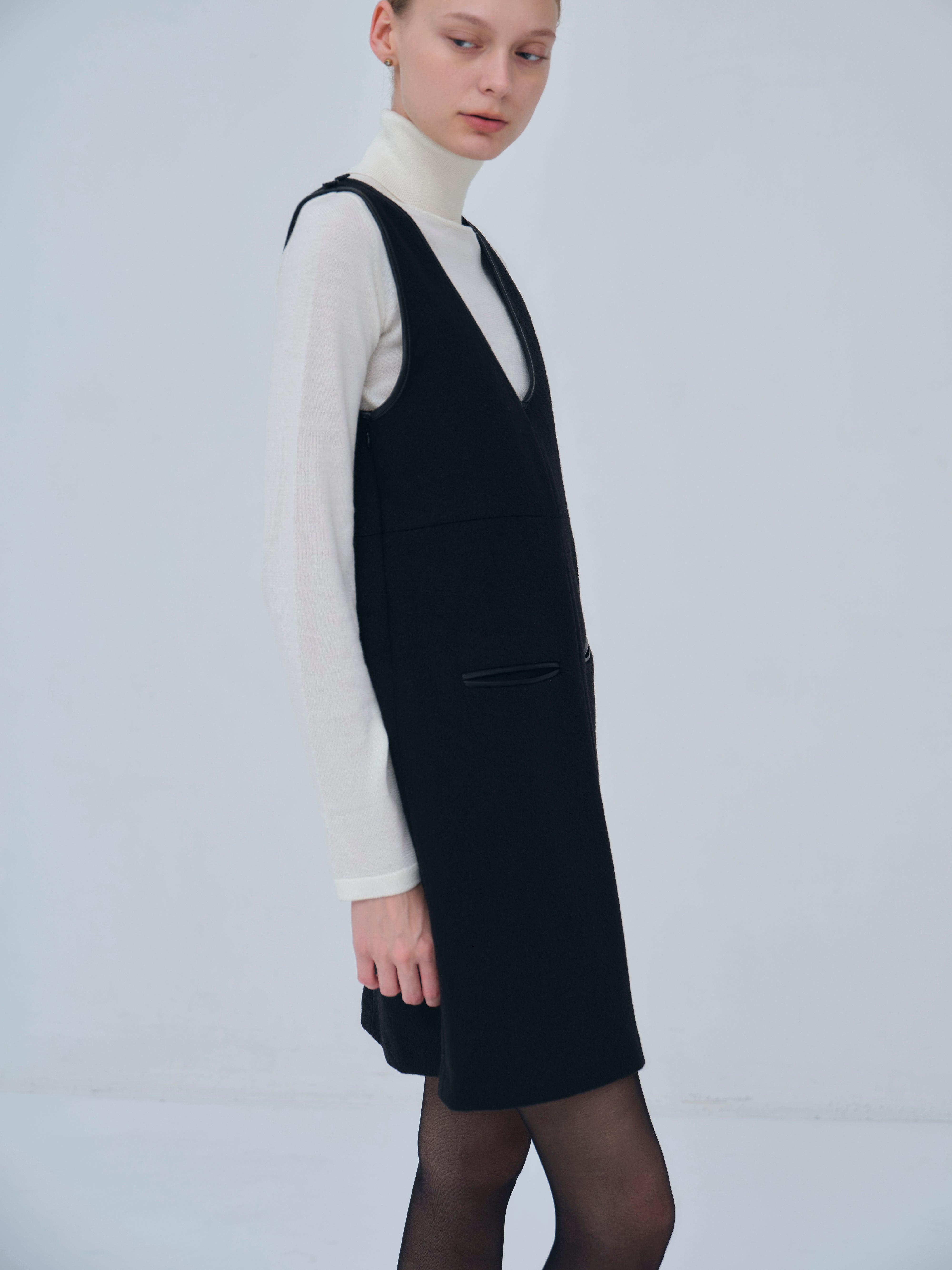 Leather Trimmed Wool Jumper Dress