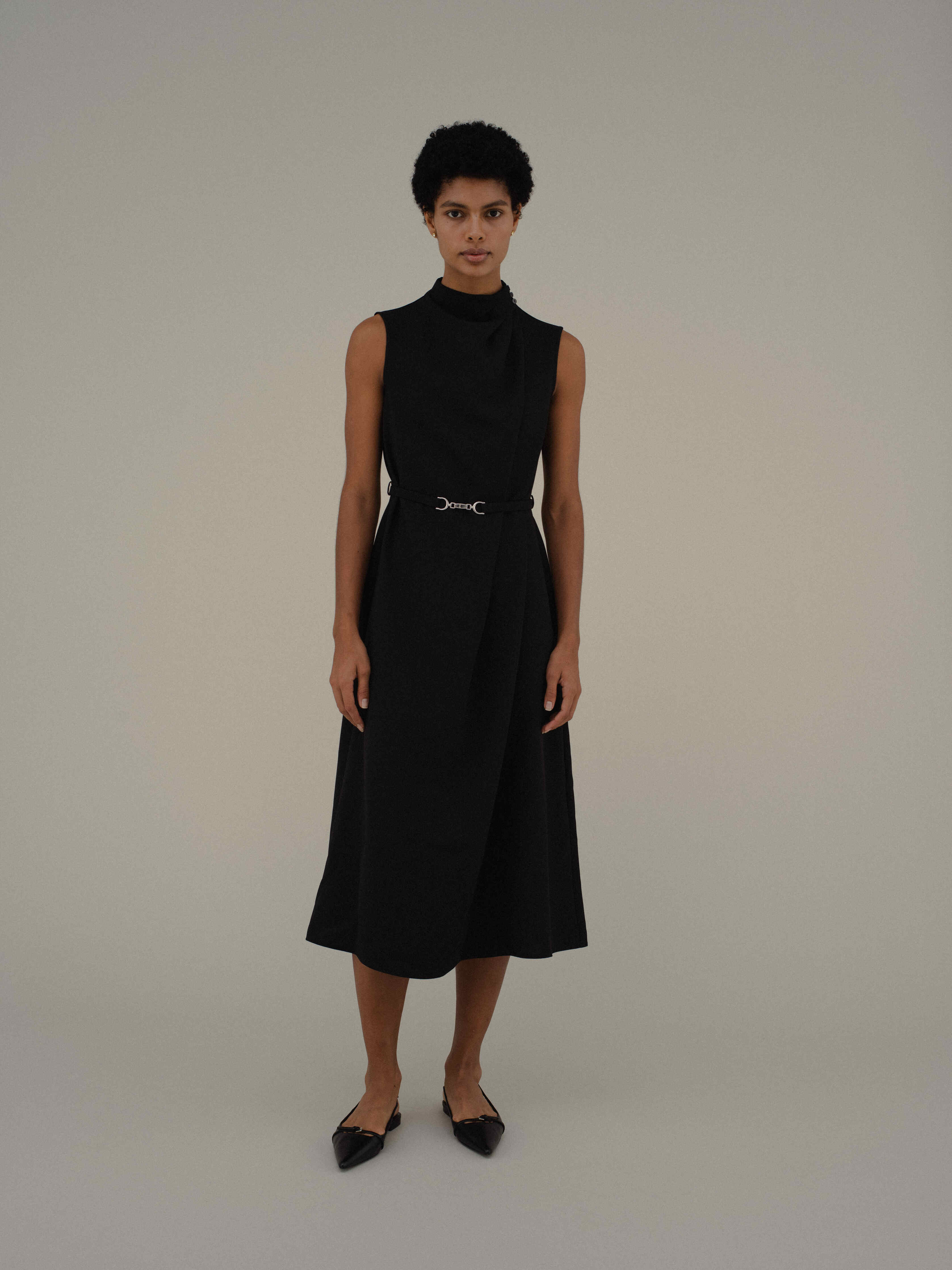 L'AUBE BLANC Belted Drape Dress Black M - ロングワンピース/マキシ